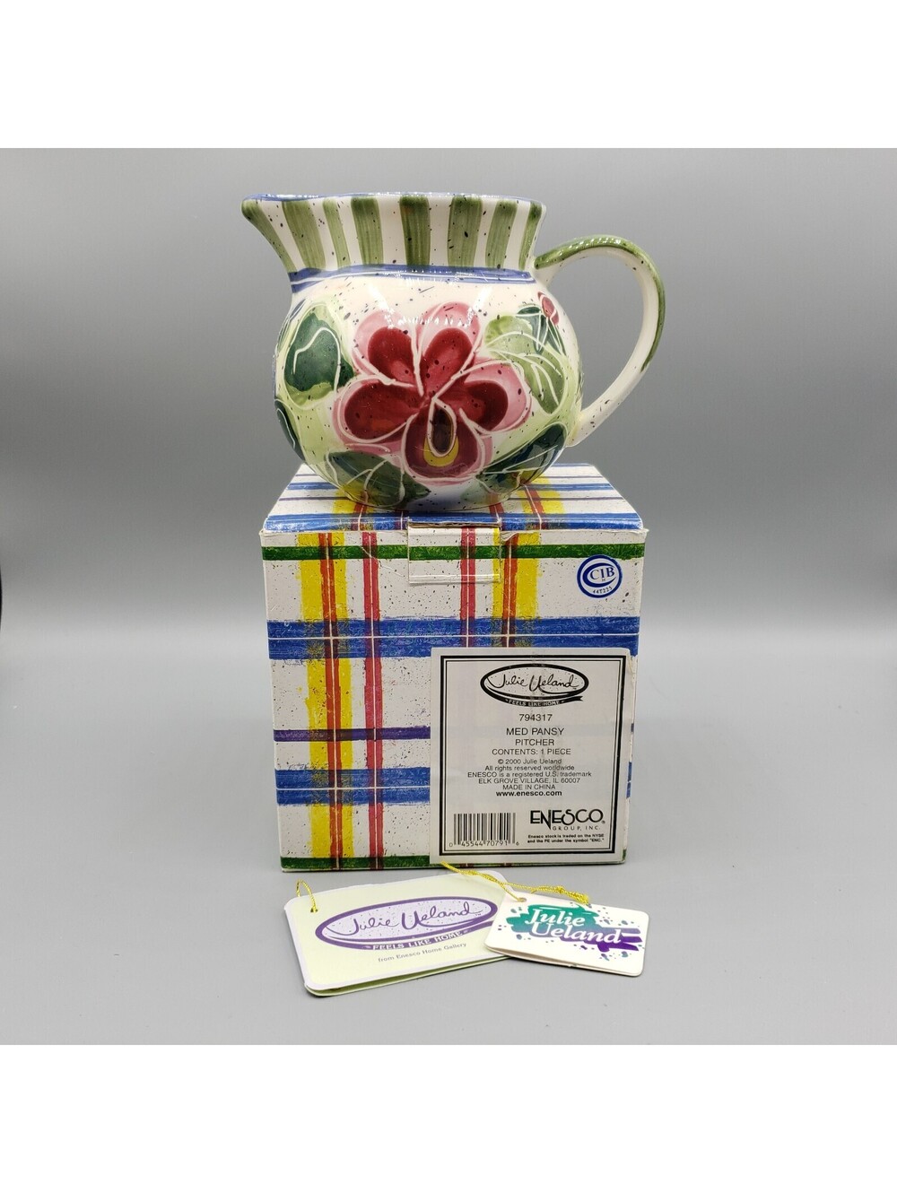 Vintage Enesco Julie Ueland Pansy Milk Pitcher Jug NIB Hand Painted Flowers